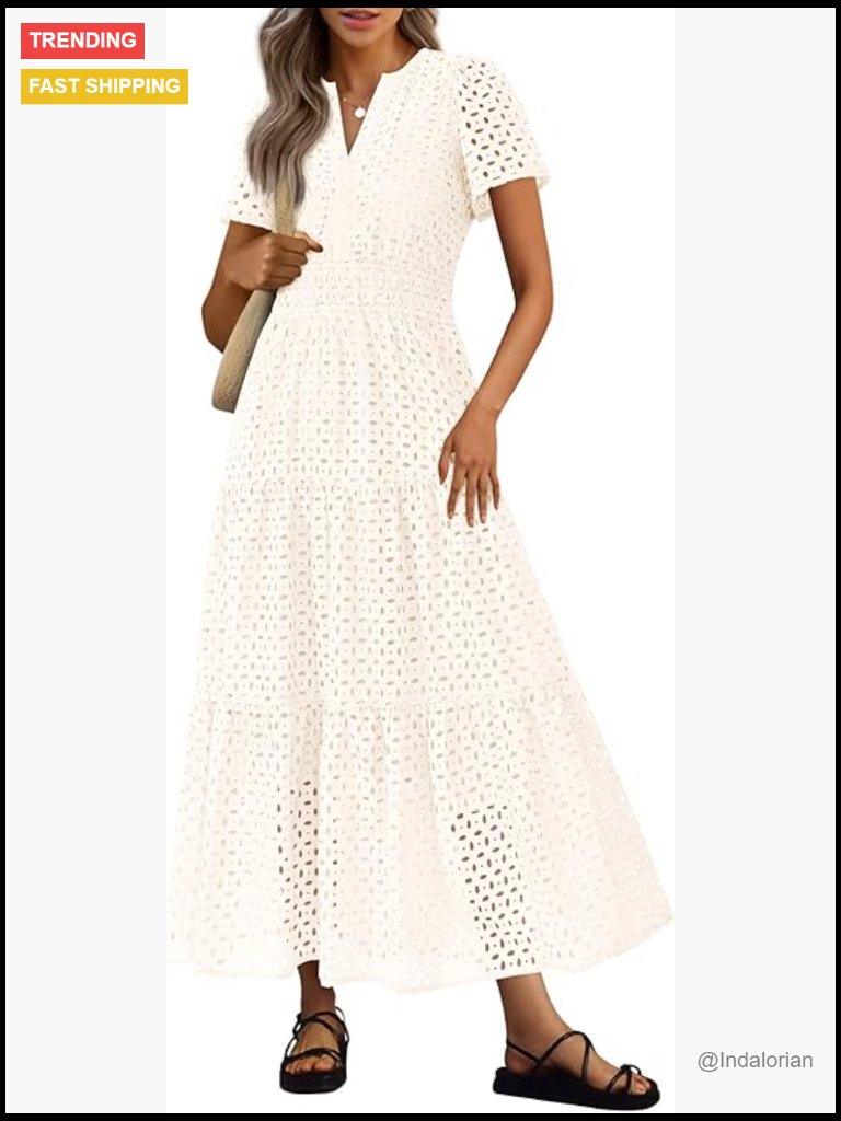 Short Sleeve V Neck Eyelet Hollow Out A Line Maxi Dress Beach Vacation